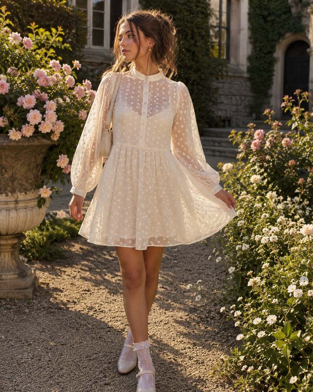 H&M White Swiss Dot Babydoll Mini Dress Coquette‎ Cottagecore S